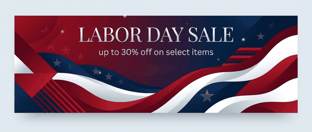 Labor Day Sale at By Design Modern in Arlington, TX offering up to 30% off select items on a patriotic red, white, and blue background.